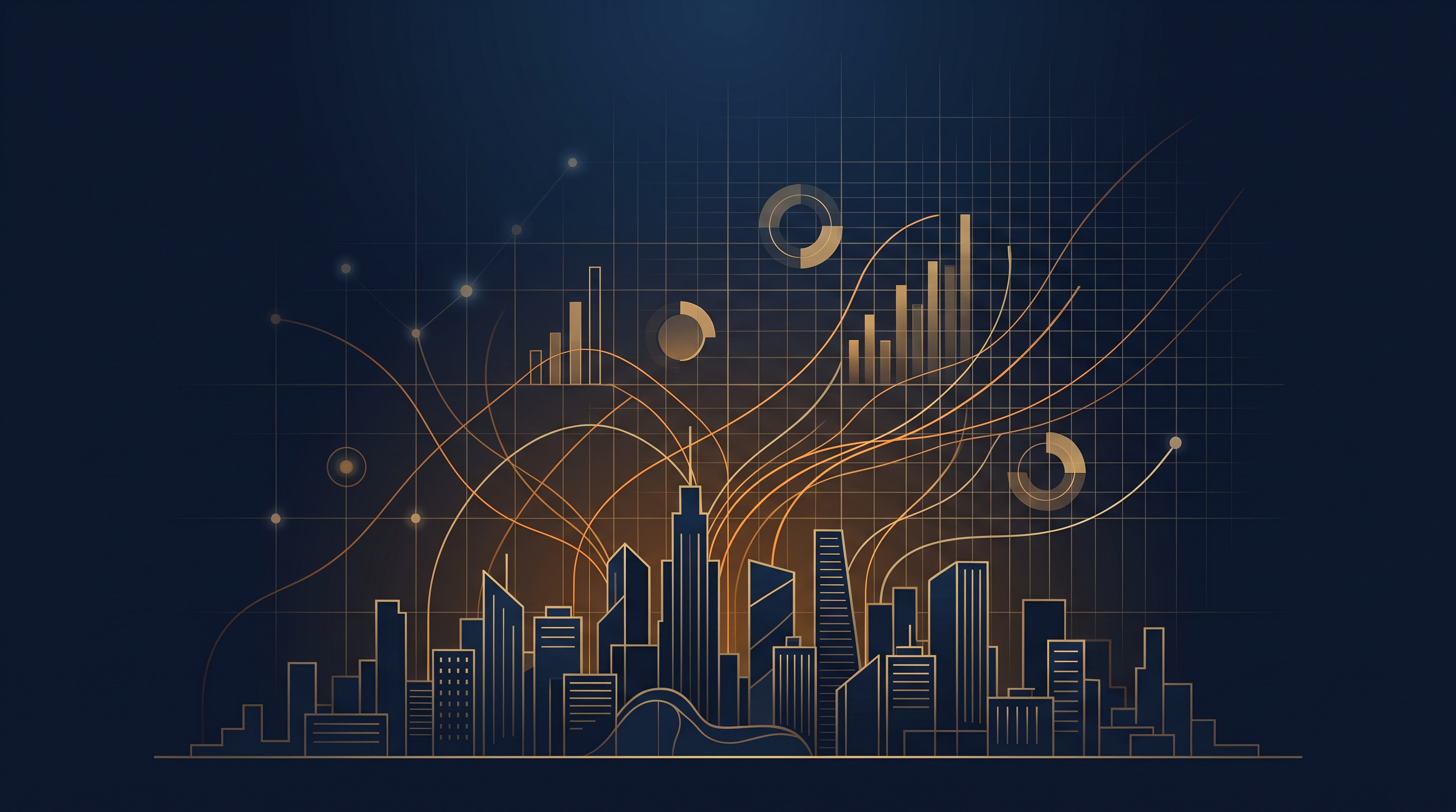 Abstract illustration of financial data flowing into an urban skyline
