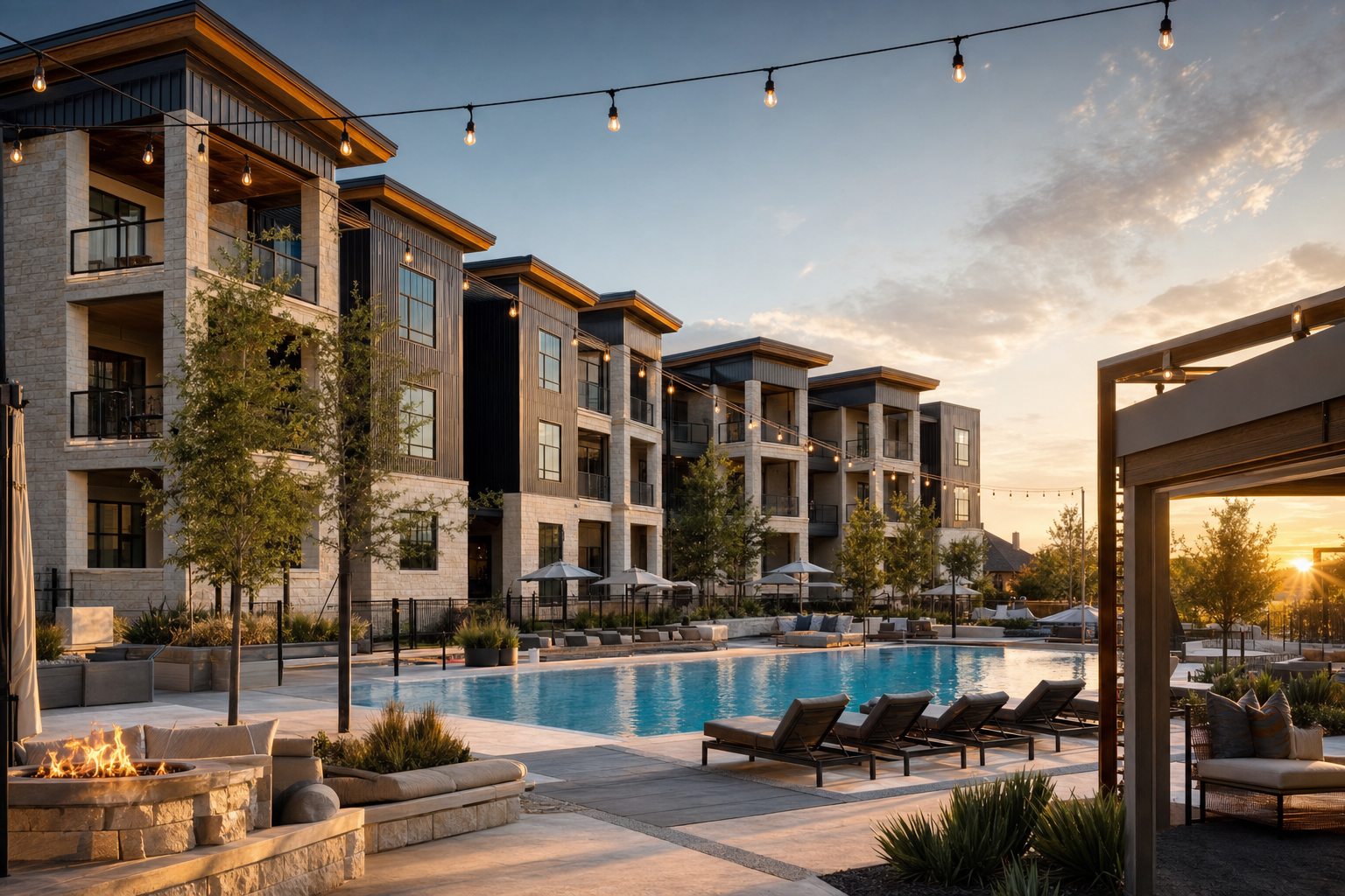Well-maintained multifamily community courtyard at golden hour